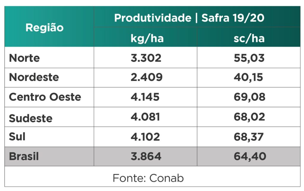 Tabela sobre a produtividade da soja