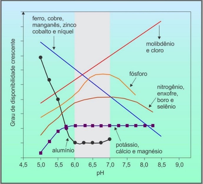 Gráfico pH x Disponibilidade de Nutrientes. Dinâmica de nutrientes no sistema solo-planta visando BPUFs