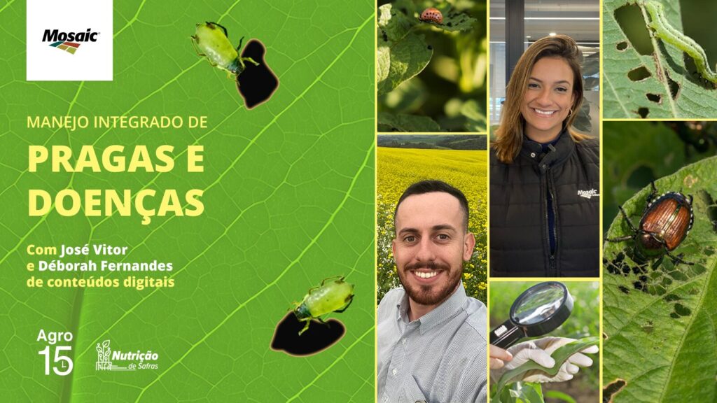 banner para o podcast de nutrição de safras cujo assunto é controle de pragas e doenças, através do MIP. O fundo é verde e mostra os hosts do episódio, além de fotos de pragas comuns na lavoura