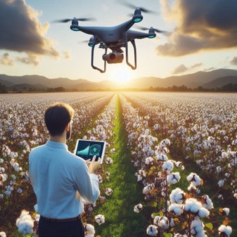 lustracao-com-pessoa-analisando-os-dados-em-um-tablet-ligado-a-um-drone- para-o-manejo-do-solo-correto-na-plantacao-de-algodao.jpg