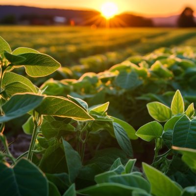 Planta de soja com o por do sol ao fundo.