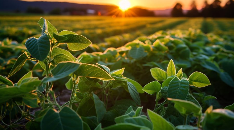 Planta de soja com o por do sol ao fundo.