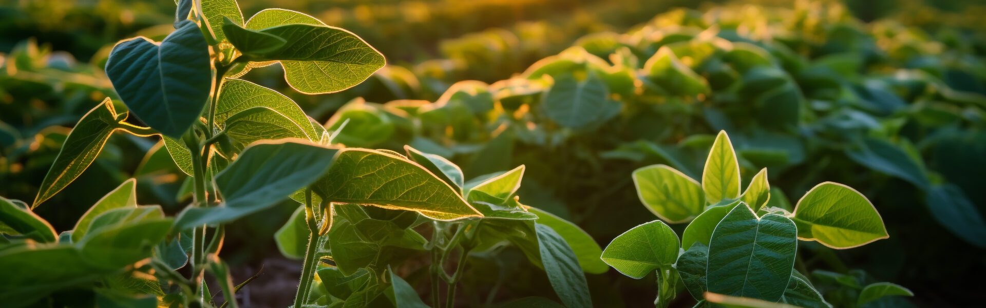 Planta de soja com o por do sol ao fundo.