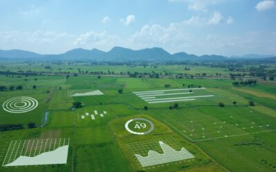 agricultura 4.0 - imagem de campo com ícones de tecnologia