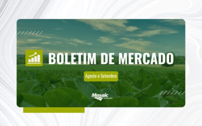 Plantação de soja ao fundo com título de Boletim de Mercado e logo da Mosaic Fertilizantes.