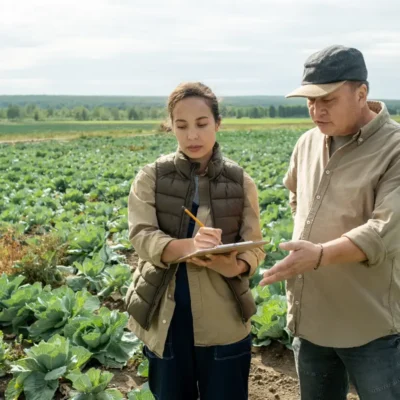 Agrônomos discutindo o plano de manutenção da safra