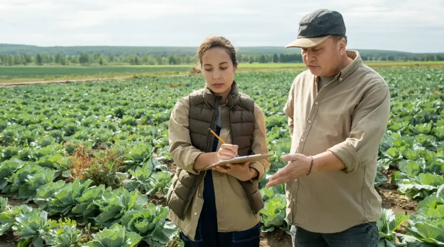 Agrônomos discutindo o plano de manutenção da safra