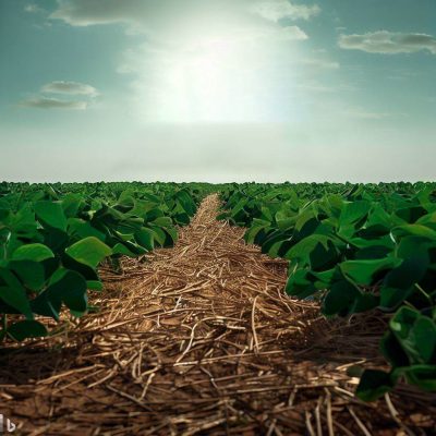 Campo com plantação de soja com o solo coberto com palhada.