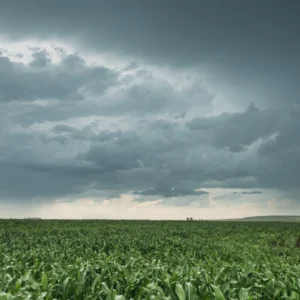 Céu com nuvens de chuva no horizonte acima da paisagem rural do campo de milho.
