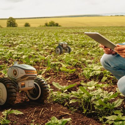 IA na agricultura, uso de mini robô e tablet para mapear a plantação.