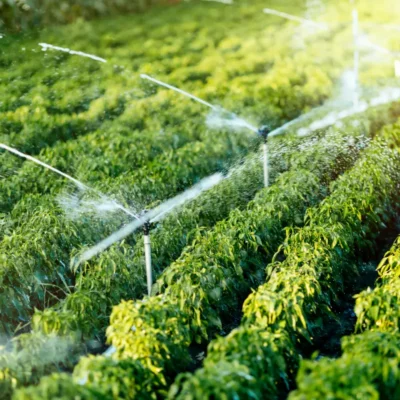 Sistema de irrigação por aspersão lançando jatos de água sobre fileiras de hortaliças verdes em um campo ensolarado.