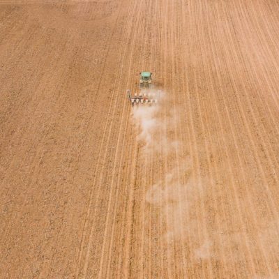 Vazio sanitário: campo sendo arado por um trator, solo de coloração marrom claro.