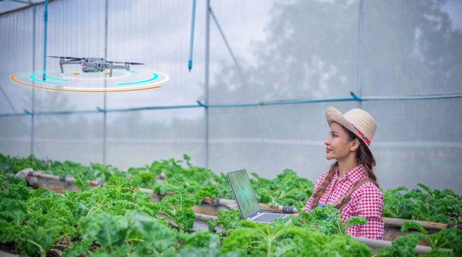 agricultora utilizando drone para a inovação na agricultura